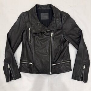 AllSaints Bales Black Leather Biker Jacket With Silver Hardware, Size 6